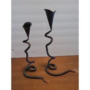 Vintage Pair Of Brutalist Wrought Iron Calla Lily Candle HoldersSpiral